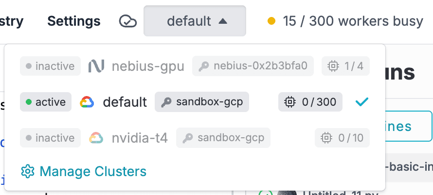 DataChain Studio clusters dashboard showing CPU and GPU pools attached to a workspace